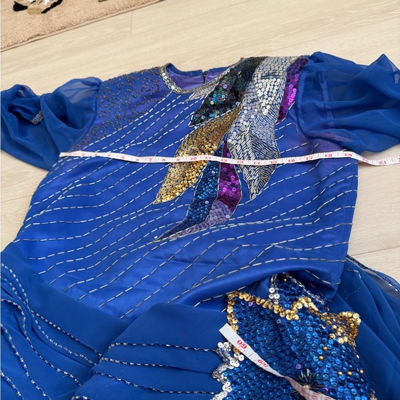 Vintage Royal Blue Embellished Gown with Bishop Sleeves - Picture 7 of 9